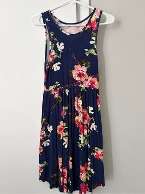 Navy Floral Sleeveless Swing Dress